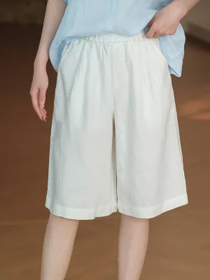 Women Summer Casual Pure Color 100%Linen Fifth Pants