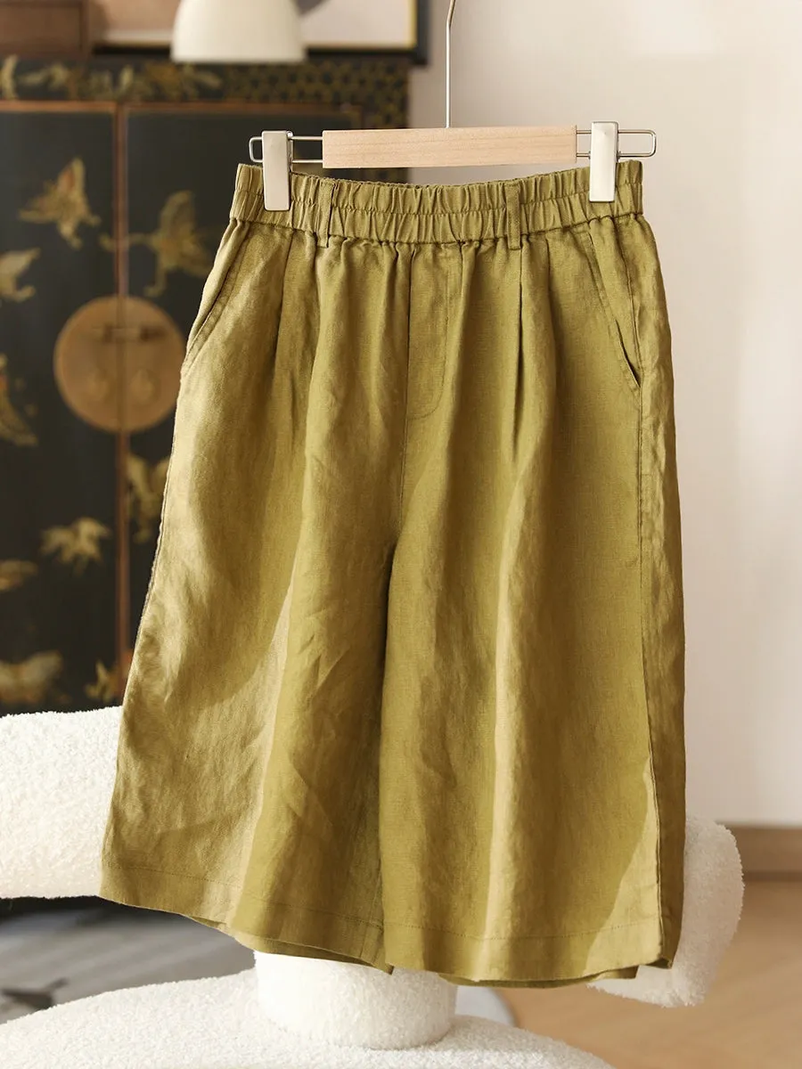 Women Summer Casual Pure Color 100%Linen Fifth Pants