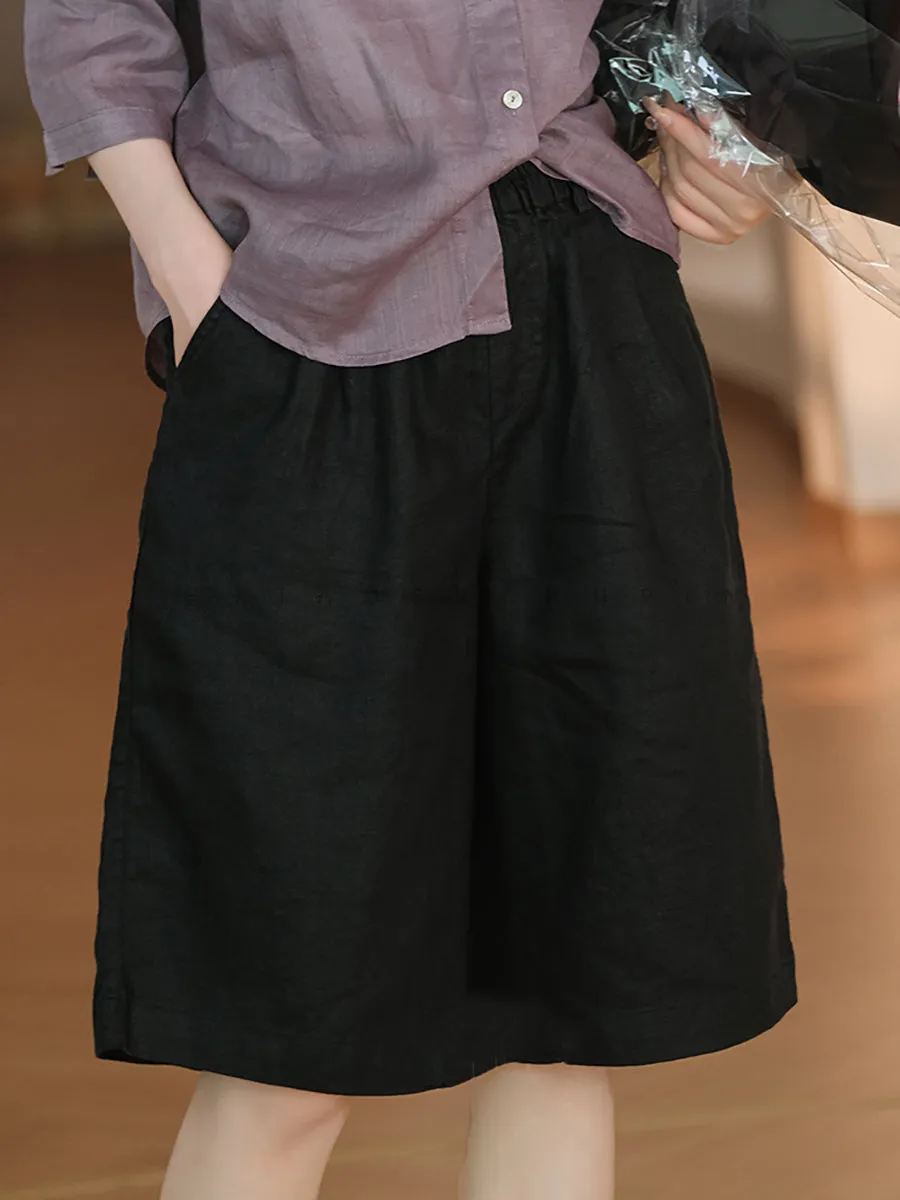 Women Summer Casual Pure Color 100%Linen Fifth Pants