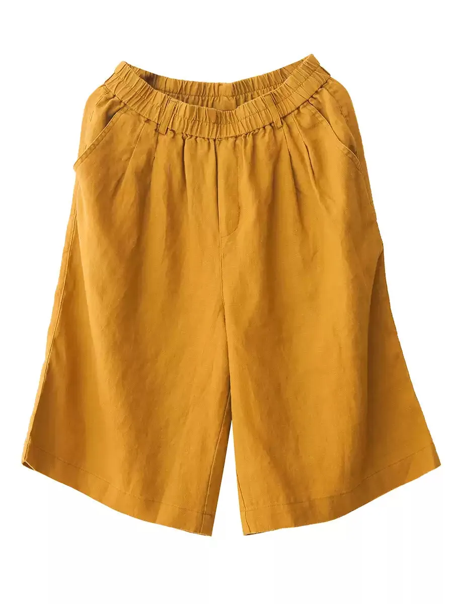 Women Summer Casual Pure Color 100%Linen Fifth Pants