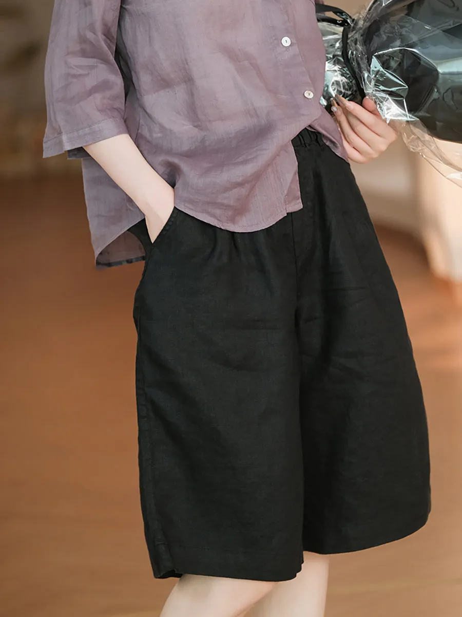 Women Summer Casual Pure Color 100%Linen Fifth Pants