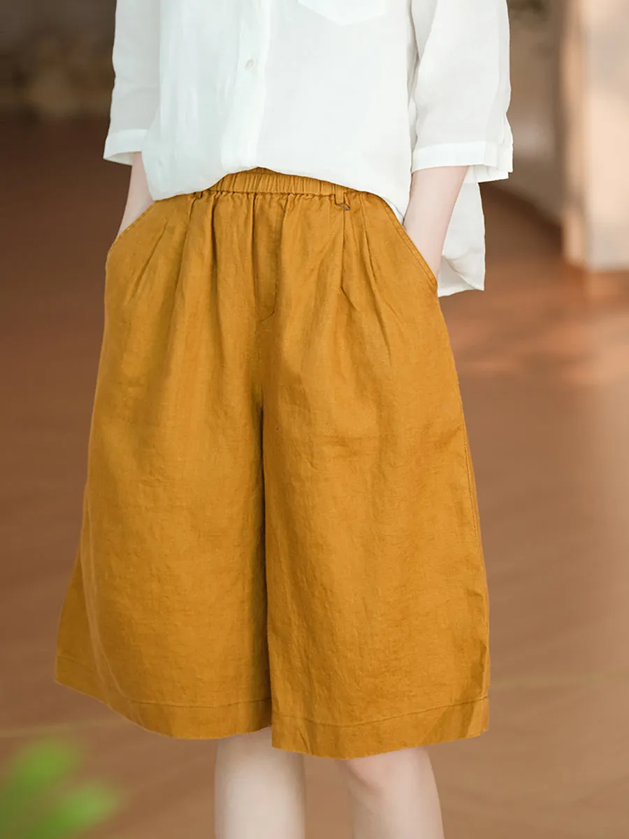 Women Summer Casual Pure Color 100%Linen Fifth Pants
