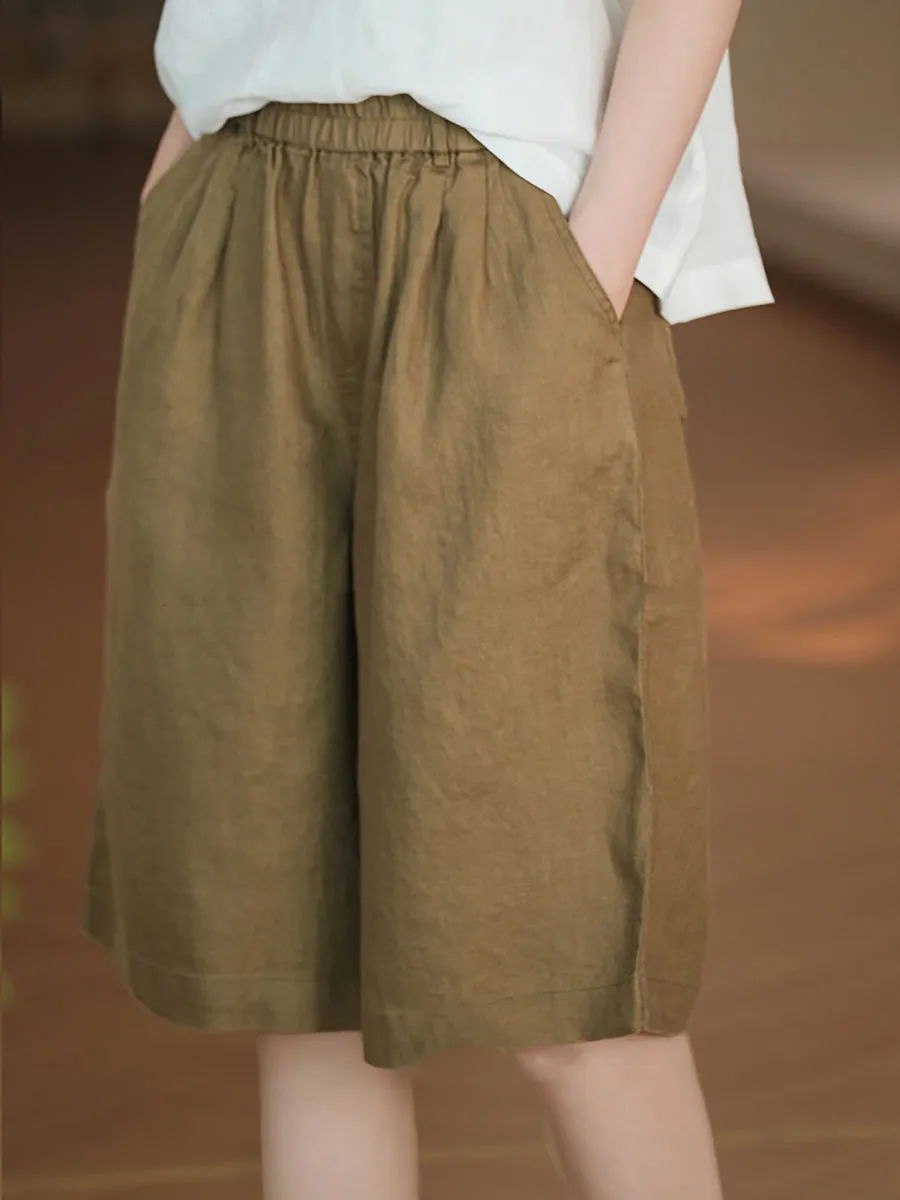 Women Summer Casual Pure Color 100%Linen Fifth Pants
