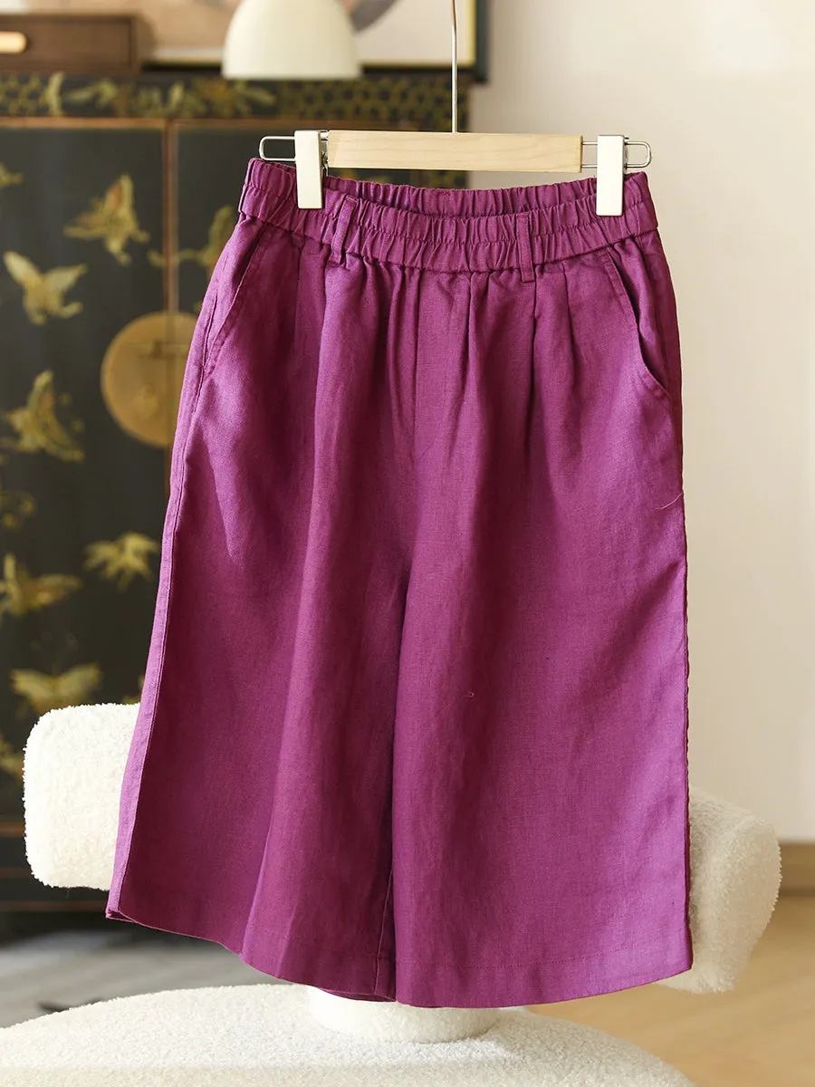 Women Summer Casual Pure Color 100%Linen Fifth Pants