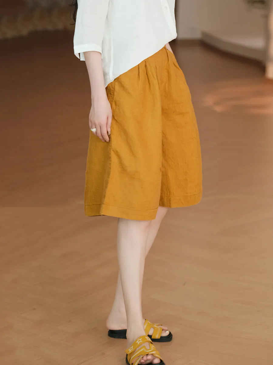 Women Summer Casual Pure Color 100%Linen Fifth Pants