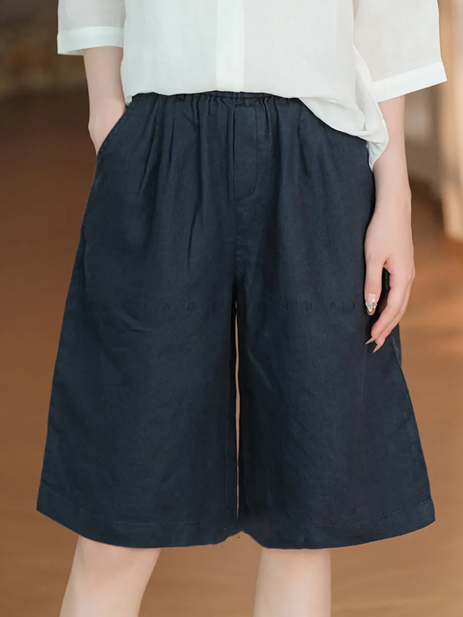 Women Summer Casual Pure Color 100%Linen Fifth Pants