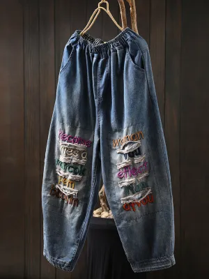 Women Summer Embroidery Frayed Denim Harem Pants