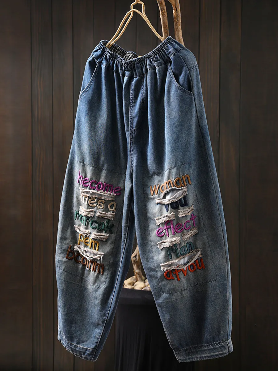 Women Summer Embroidery Frayed Denim Harem Pants