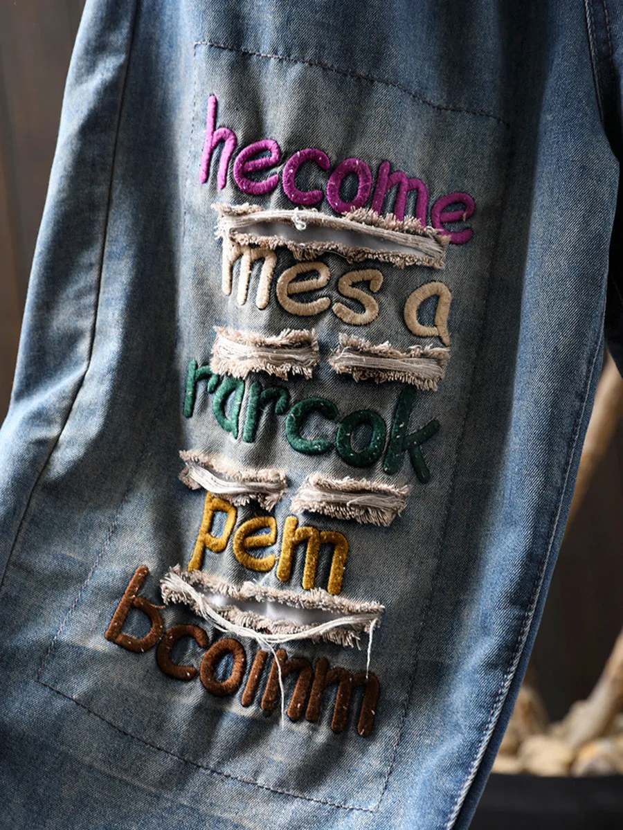Women Summer Embroidery Frayed Denim Harem Pants