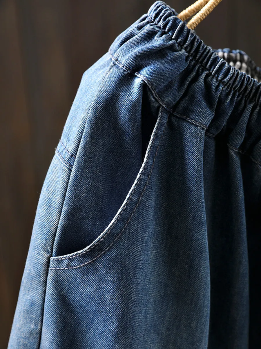 Women Summer Embroidery Frayed Denim Harem Pants
