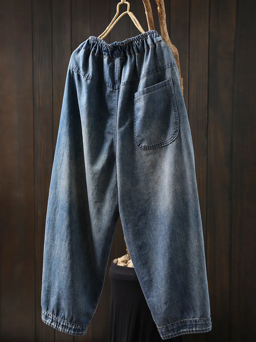 Women Summer Embroidery Frayed Denim Harem Pants