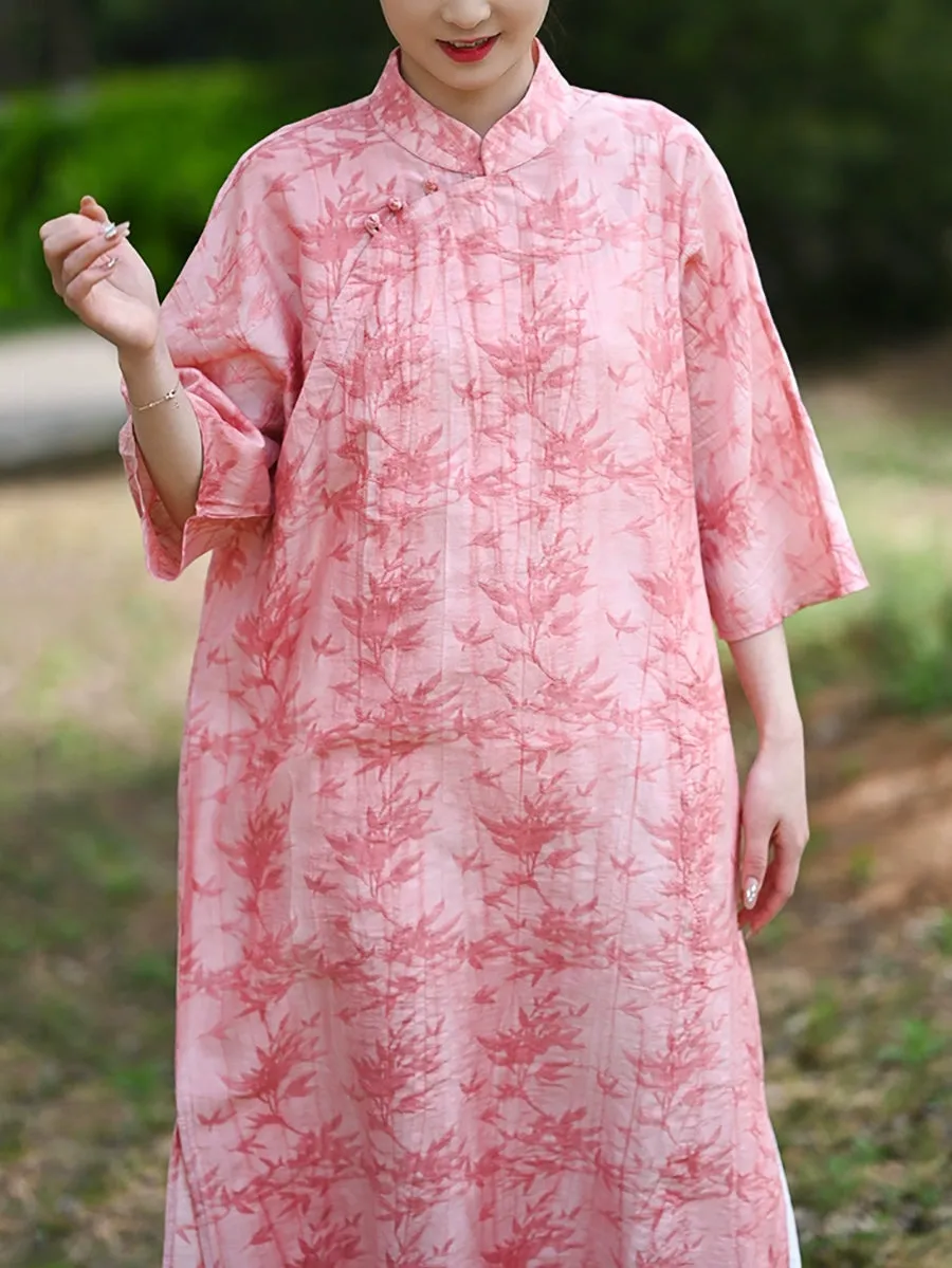 Women Summer Ethnic Bamboo Jacquard Robe Dress