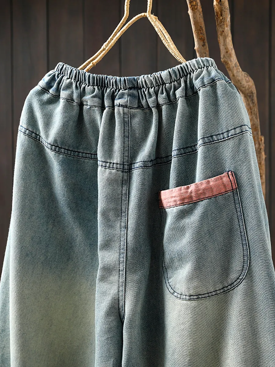 Women Summer Mushroom Embroidery Denim Harem Pants