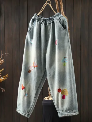 Women Summer Mushroom Embroidery Denim Harem Pants