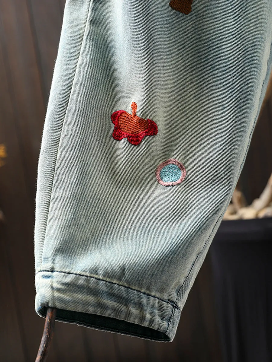 Women Summer Mushroom Embroidery Denim Harem Pants