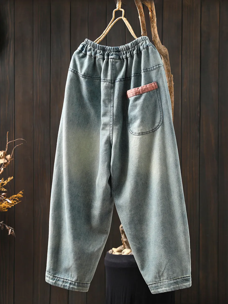 Women Summer Mushroom Embroidery Denim Harem Pants