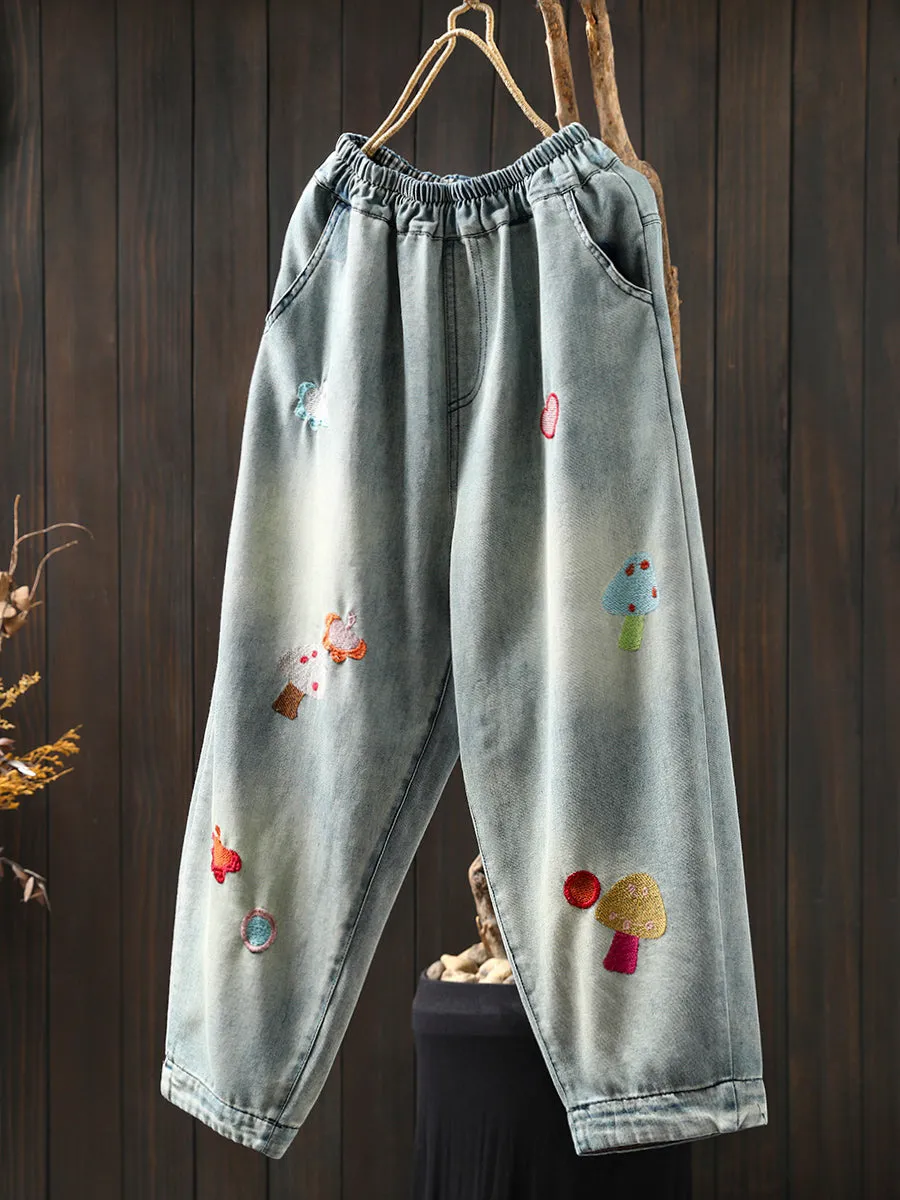 Women Summer Mushroom Embroidery Denim Harem Pants