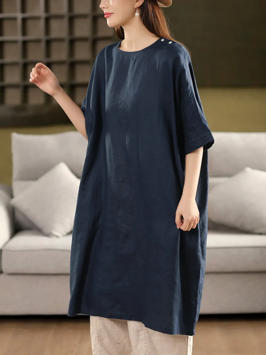 Women Summer Pure Color O-Neck 100%Linen Dress