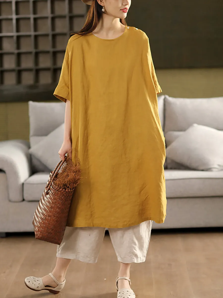 Women Summer Pure Color O-Neck 100%Linen Dress