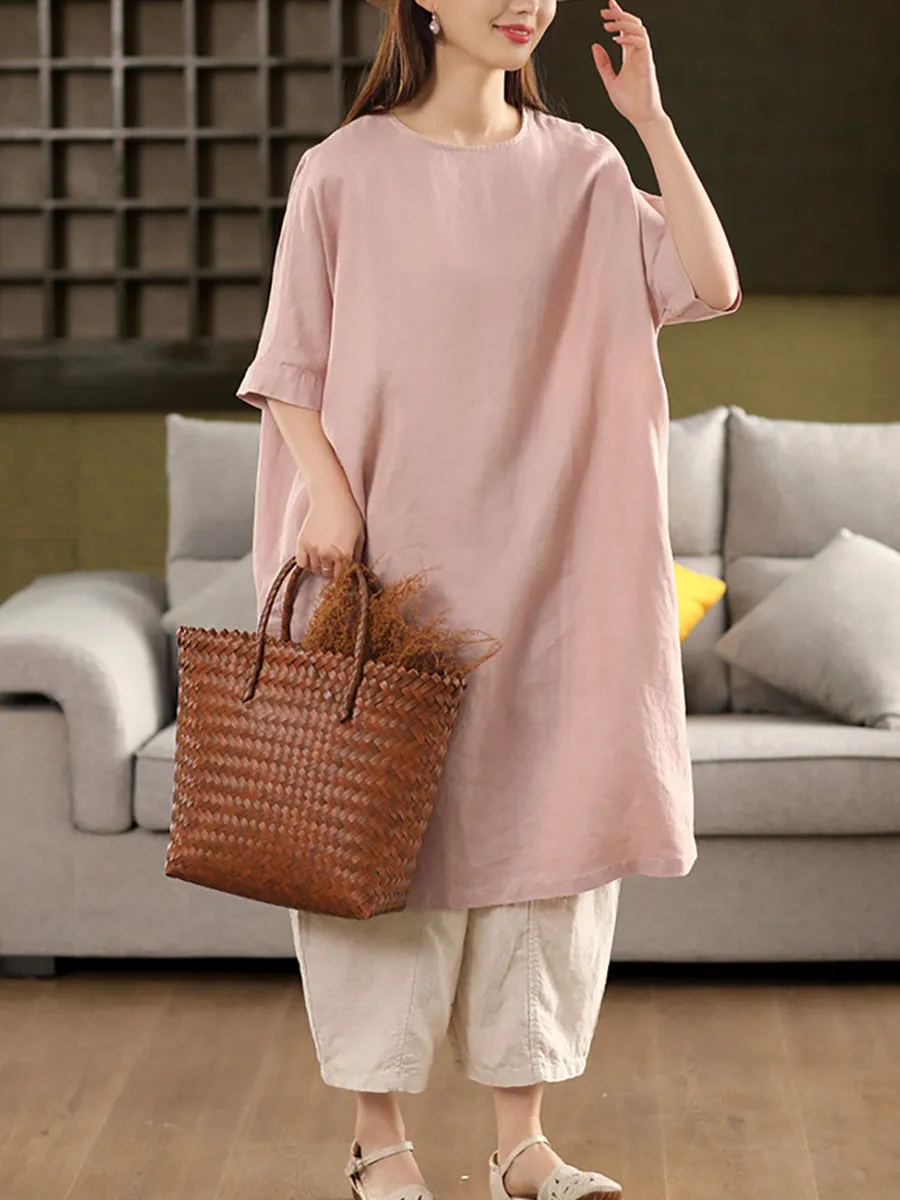 Women Summer Pure Color O-Neck 100%Linen Dress