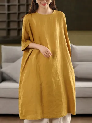 Women Summer Pure Color O-Neck 100%Linen Dress