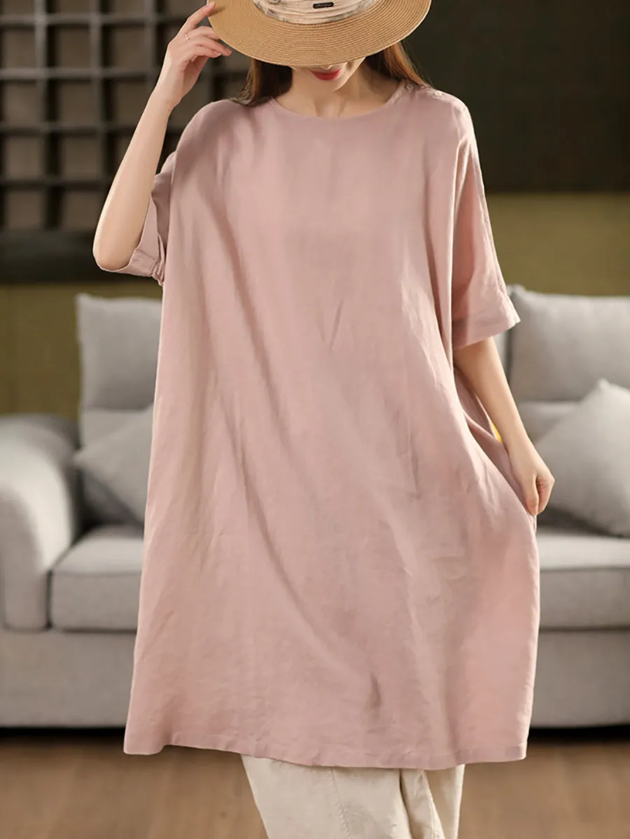 Women Summer Pure Color O-Neck 100%Linen Dress