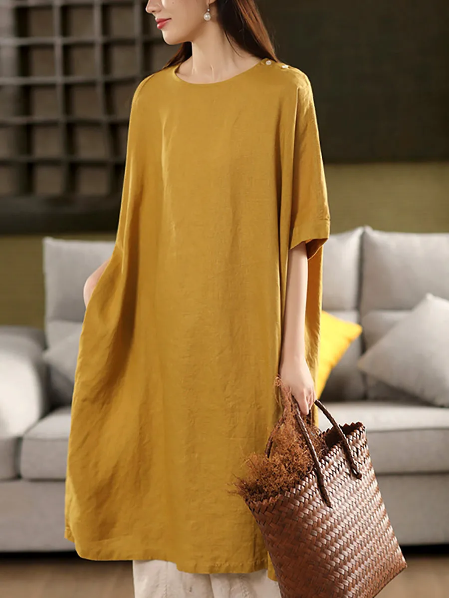 Women Summer Pure Color O-Neck 100%Linen Dress