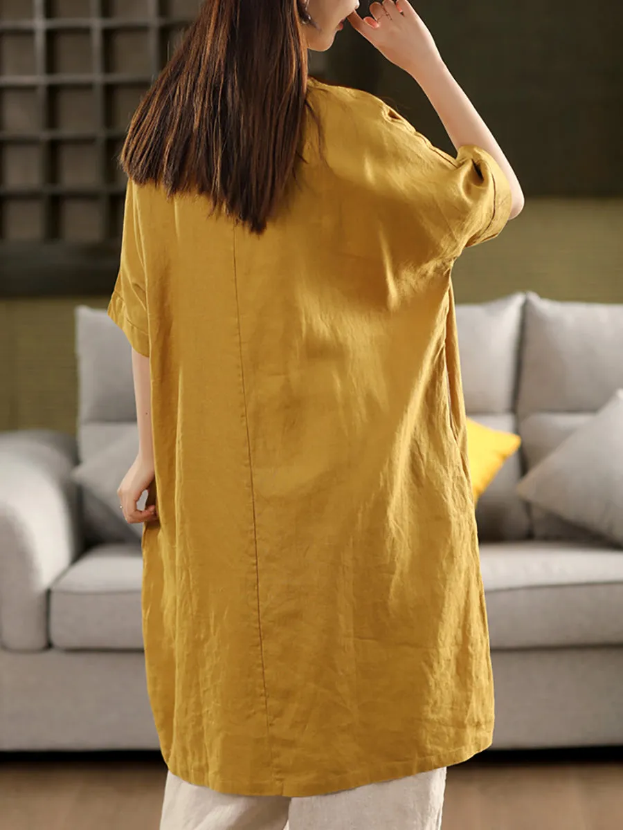 Women Summer Pure Color O-Neck 100%Linen Dress