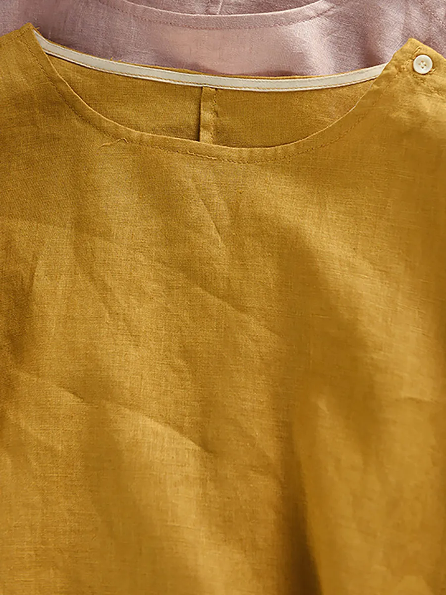 Women Summer Pure Color O-Neck 100%Linen Dress