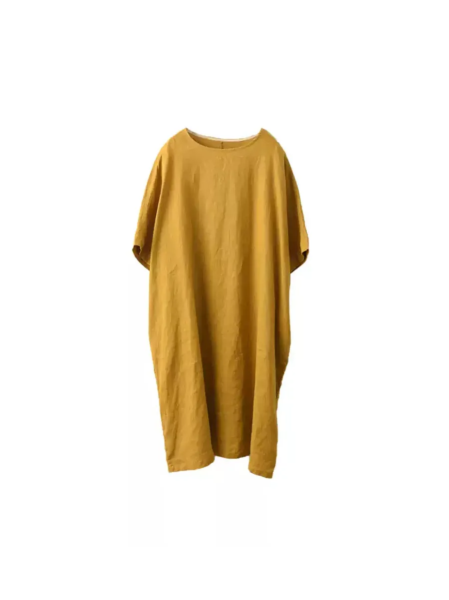 Women Summer Pure Color O-Neck 100%Linen Dress