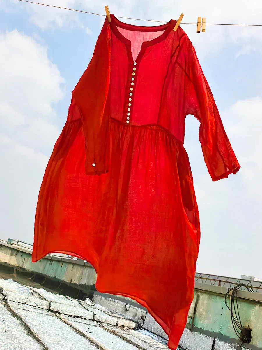 Women Summer Pure Color V-Neck 100%Ramie Dress