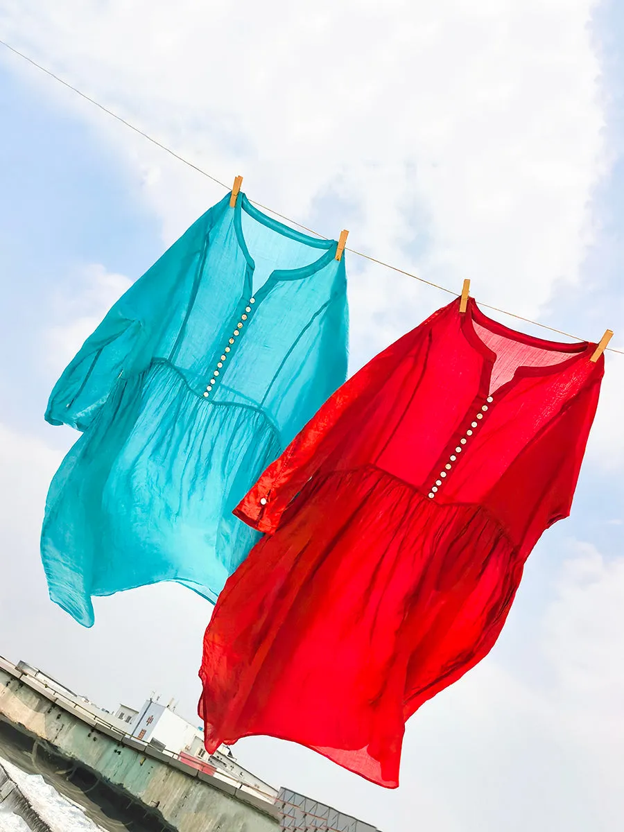 Women Summer Pure Color V-Neck 100%Ramie Dress
