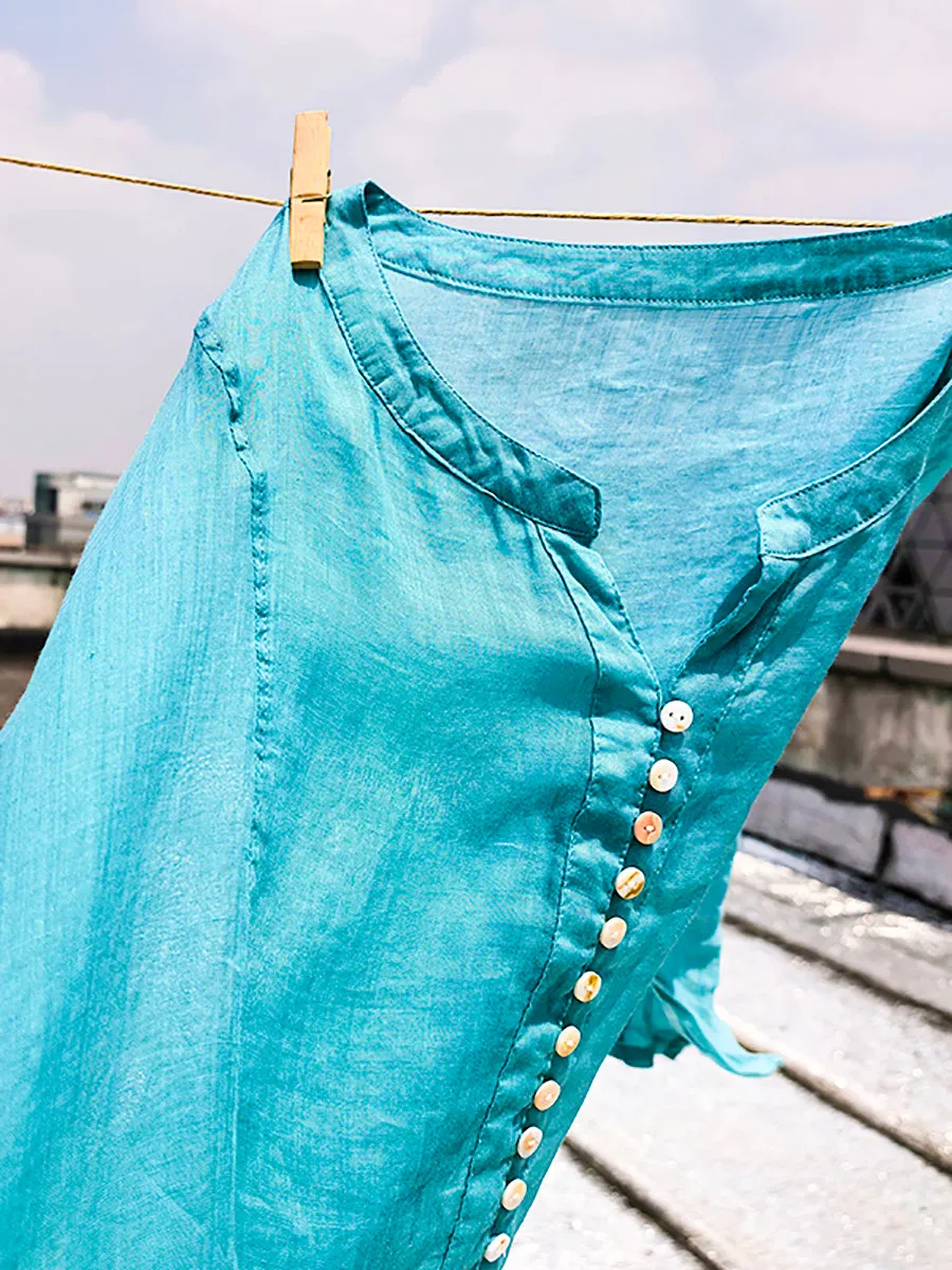 Women Summer Pure Color V-Neck 100%Ramie Dress