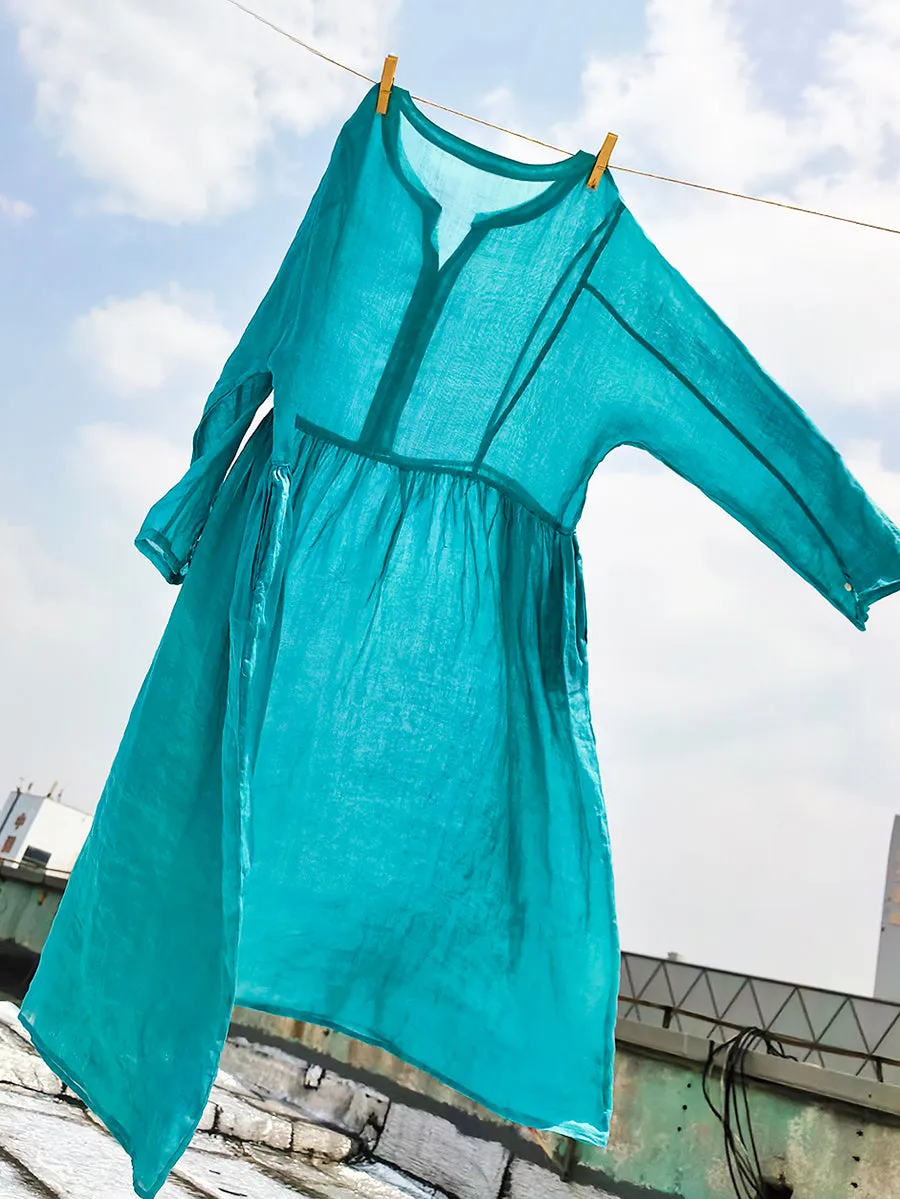 Women Summer Pure Color V-Neck 100%Ramie Dress