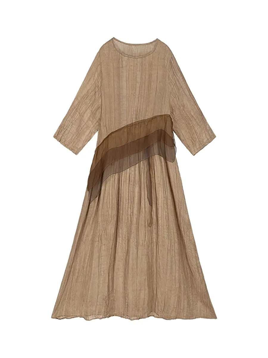 Women Summer Retro Lace Spliced O-Neck Ramie Dress
