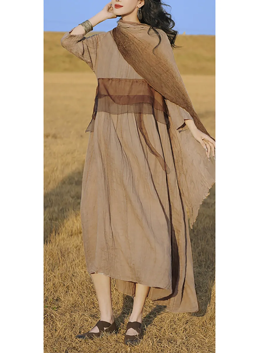 Women Summer Retro Lace Spliced O-Neck Ramie Dress