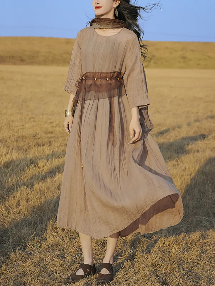Women Summer Retro Lace Spliced O-Neck Ramie Dress