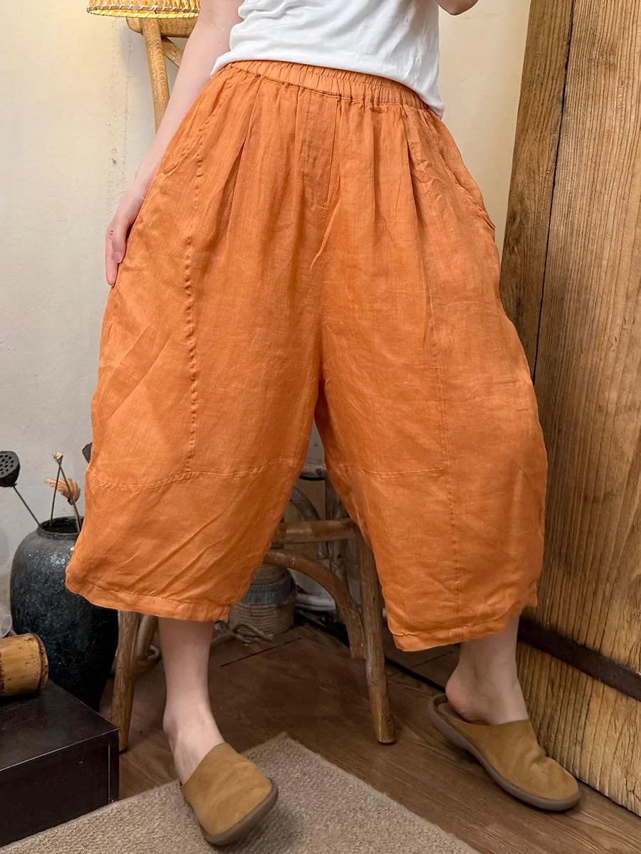 Women Summer Retro Pure Color Ramie Harem Pants