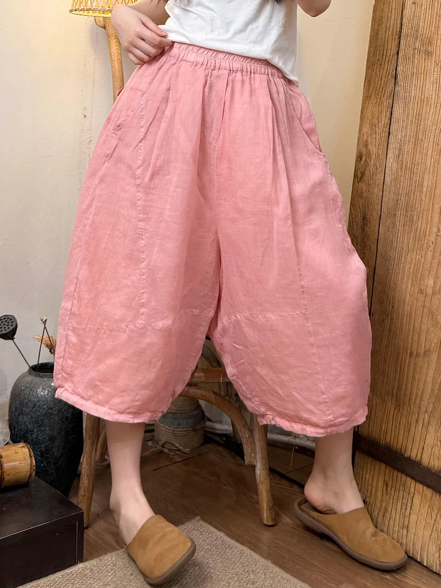 Women Summer Retro Pure Color Ramie Harem Pants