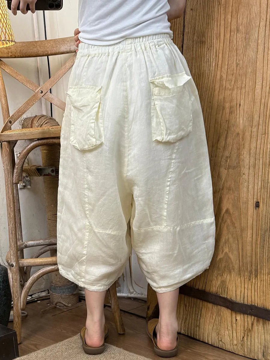 Women Summer Retro Pure Color Ramie Harem Pants