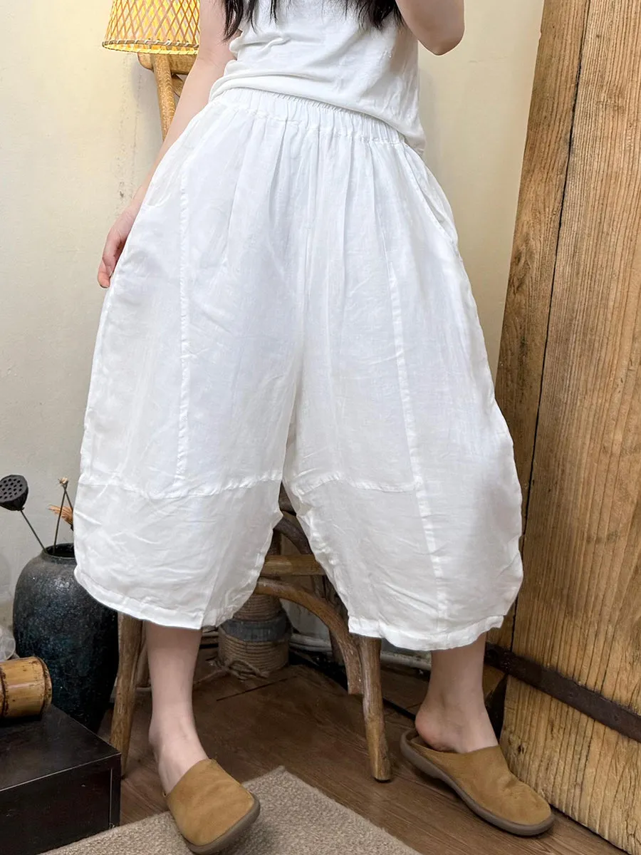 Women Summer Retro Pure Color Ramie Harem Pants