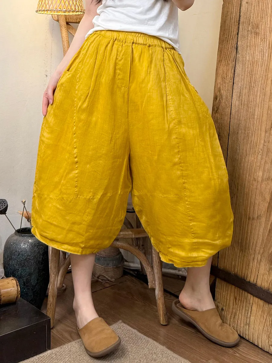 Women Summer Retro Pure Color Ramie Harem Pants