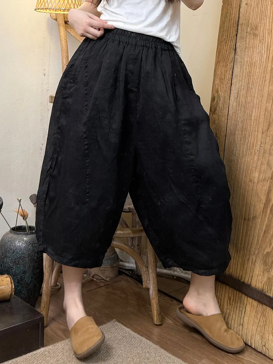 Women Summer Retro Pure Color Ramie Harem Pants