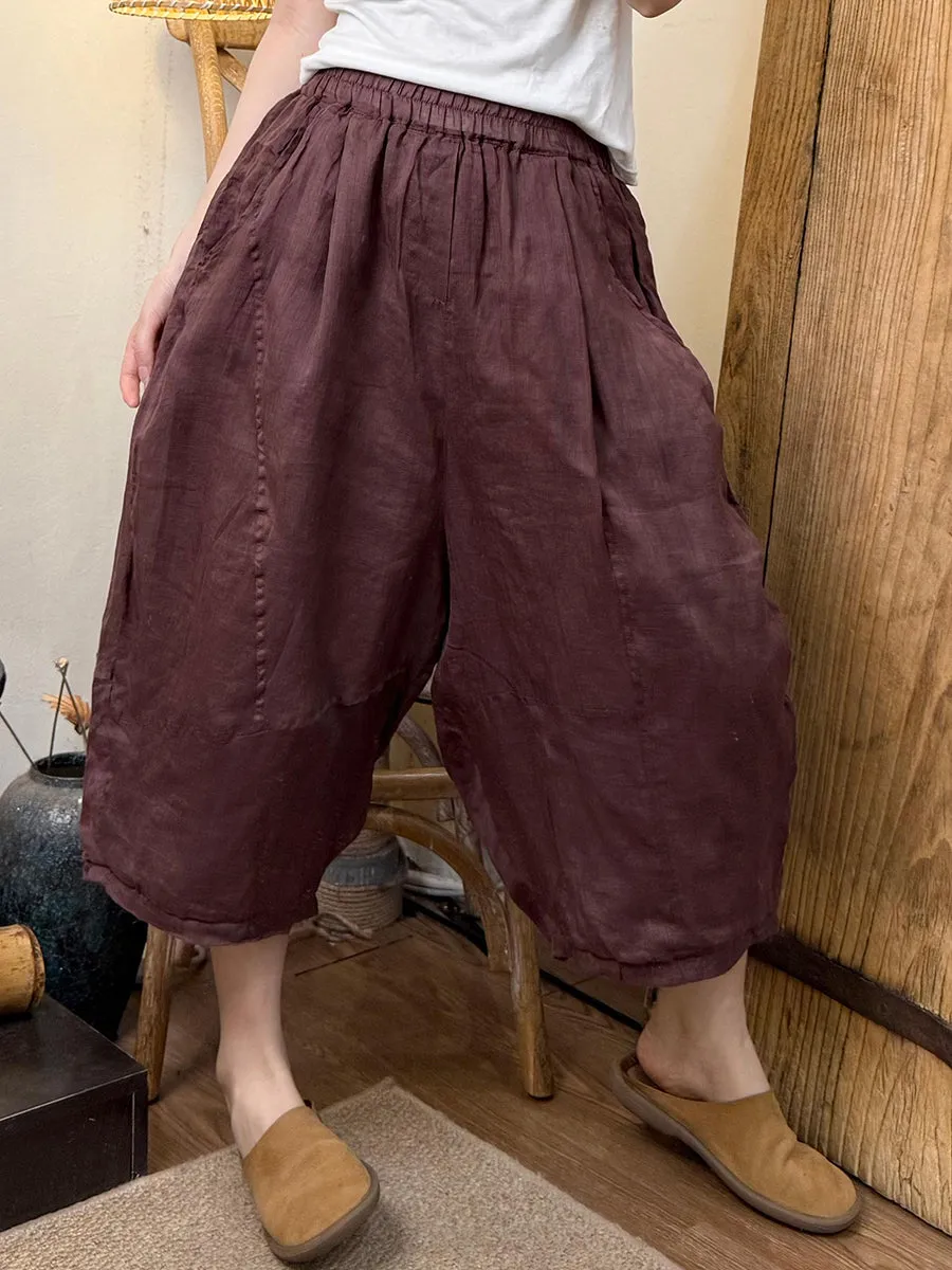 Women Summer Retro Pure Color Ramie Harem Pants