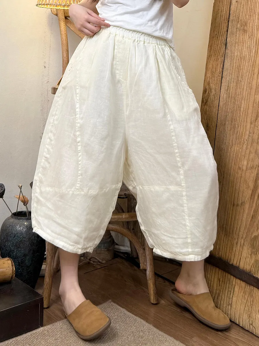 Women Summer Retro Pure Color Ramie Harem Pants