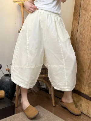 Women Summer Retro Pure Color Ramie Harem Pants
