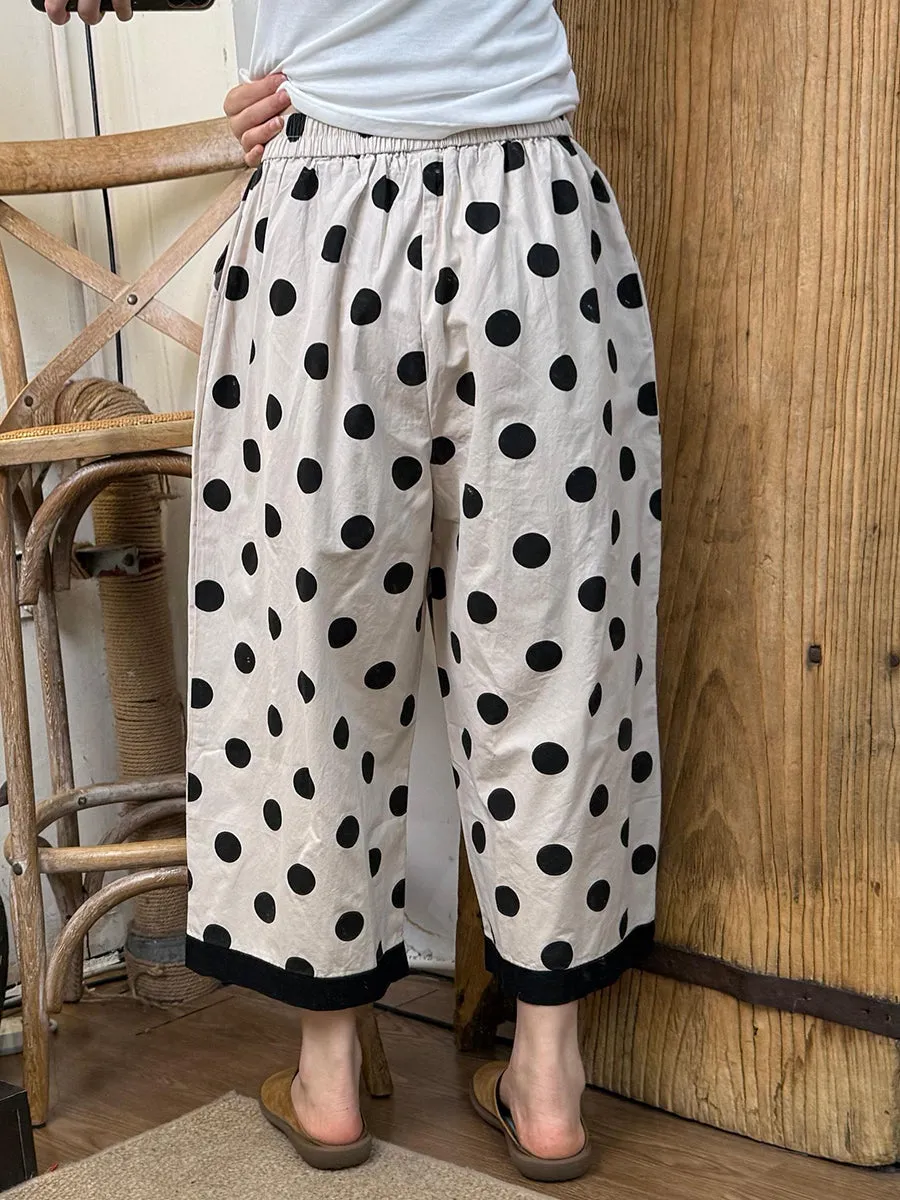 Women Vintage Summer Dot Cotton Wide-leg Pants