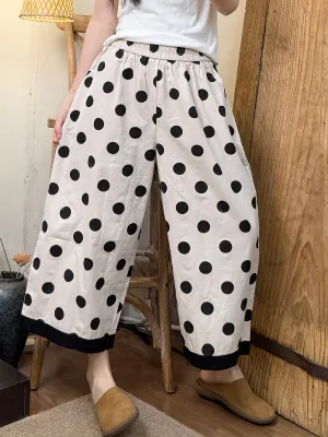 Women Vintage Summer Dot Cotton Wide-leg Pants