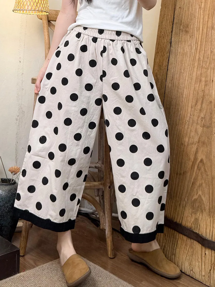 Women Vintage Summer Dot Cotton Wide-leg Pants