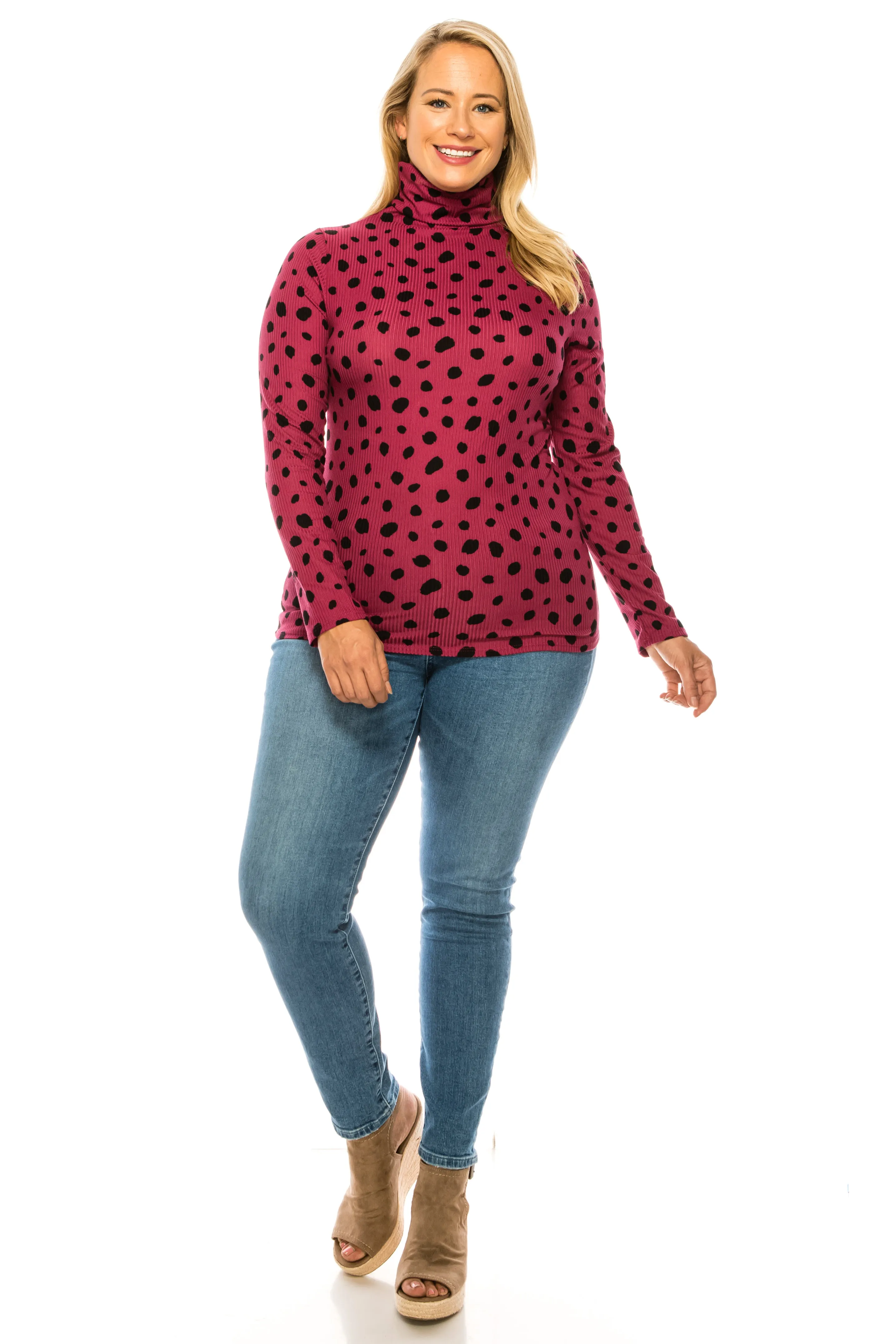 Women's Casual Polka Dot Printed Ribbed Long Sleeve Turtleneck Tops
